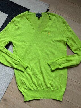 Ralph Lauren V Neck Sweater Womens S Boyfriend Fit Lime Green Linen Cotton Pony